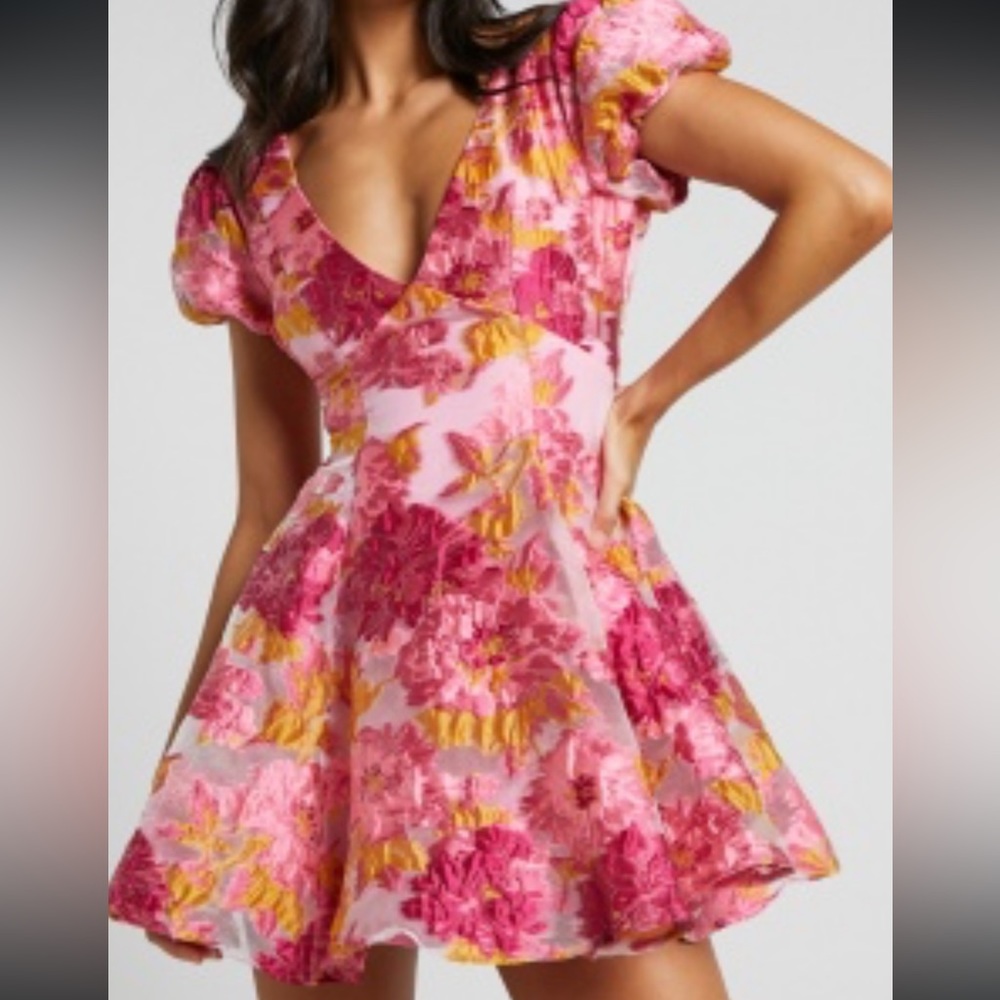 Pink HOCo JACQUARD MINI DRESS - PUFF SLEEVE DRESS
